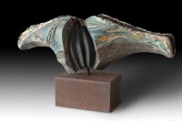 HERITAGE by Juan Ramon Gimeno-  Ceramic Sculpture (2012)  23.5/8”x 8.1/4” x 6”, Corten steel 7.7/8” x 5.1/8” x 4.1/8”,total height  12.1/8”  