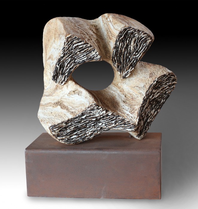 SOMNI  (Dream, catalan language) by Juan Ramon Gimeno - 14.5” x12.5”x7.8” Corten steel base 12.9”x7.6”x4.7” total height 17.34”Ceramic Sculpture